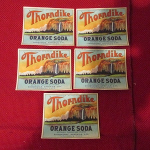Set von 5 Antik Thorndike Federn Throndike Ma, verwendet Orange Soda Flasche Etiketten Ladenhüter nie Lithographie Farbpapier