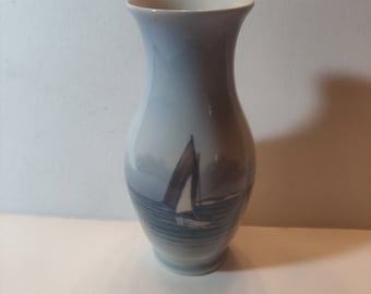 Royal Copenhagen Vase Hand Painted Nautical Scene Blue on White Marked
