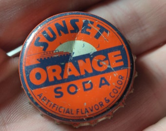 Rare Sunset Orange Soda Vintage Cork Forrado Botella Tapa usada Blue Auburn Maine