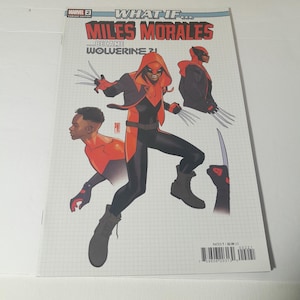 Może przedstawiać: Okładka komiksu z Milesem Moralesem jako Wolverine. Grafika na okładce przedstawia Milesa w czarno-czerwonym kostiumie z wysuniętymi pazurami. Tytuł brzmi "What If... Miles Morales Became Wolverine?" z logo Marvela u góry.