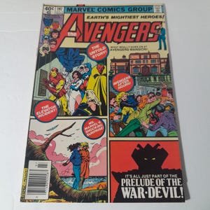 May include: A vintage comic book cover for "The Avengers" featuring colorful illustrations and text. The cover includes the title, issue number, and various panels with action scenes and character depictions. The comic book is in good condition.