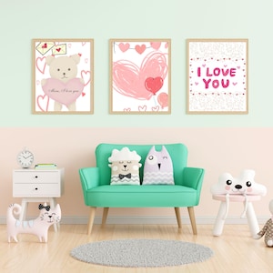 Stampe artistiche da parete per la cameretta dei bambini rosa: set di 3 motivi geometrici astratti (download digitale)