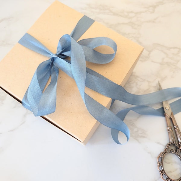 Dusty Blue Silk Ribbon 1/2” wide by the yard, weddings, cards, favors