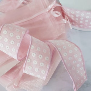 Pink 1.5 wide Ribbon White Glitter Sots  Wired Sold by the Yard