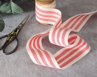 Red/White Ticking Stripe Ribbon 1.25” wide  Sold by the yard