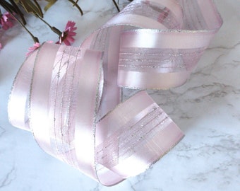 Pink Sheer wire edge ribbon width satin edges and sheer center Size 2'' By The Yard