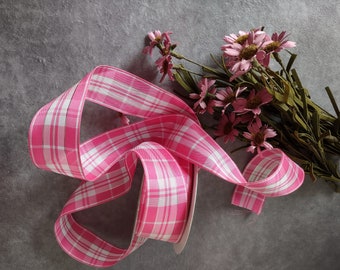 Pink& White Plaid Wired Ribbon with Metallic Accents 1.5" wide x BY THE YARD