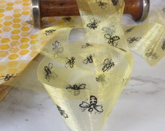 1-1/2" Yellow Bees Taffeta Craft Ribbon Sheer By The Yard Gift Favors