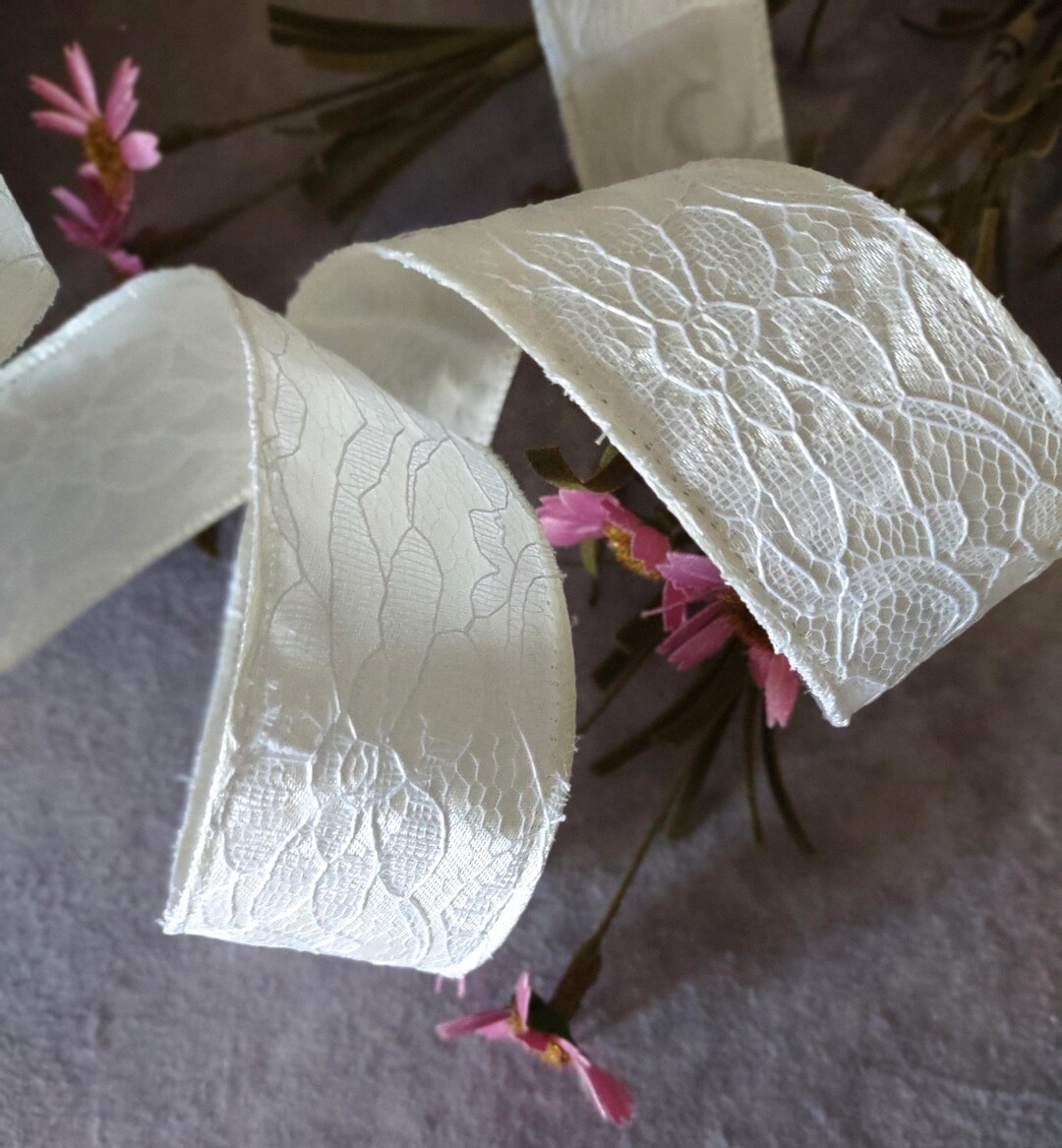 White Lace Overlay Satin Ribbon 1.5 Wide by 5 Yards Gifts Wreaths ...