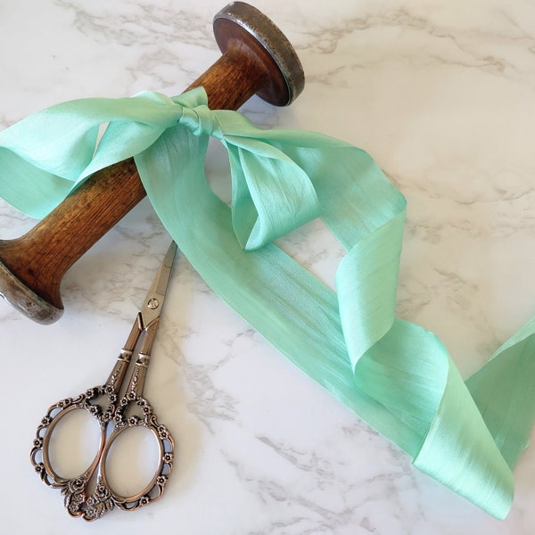 By The Yard Silk Robbin Egg Blue  Ribbon 1.25 Inch 100% Hand-Dyed Silk Ribbon with Woven Edge