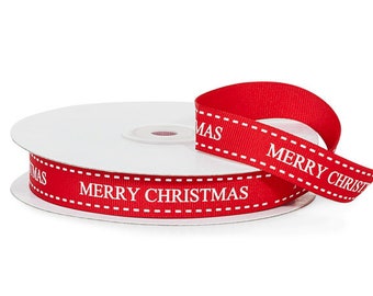 Merry Christmas red ribbon is 5/8" x 10 yards. The Christmas message and saddle stitching is printed in red.