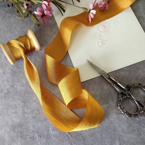 Antique Gold  Silk Ribbon 1.25&quot; wide BY THE YARD, Hand Dyed Silk Wedding, Favors Cards