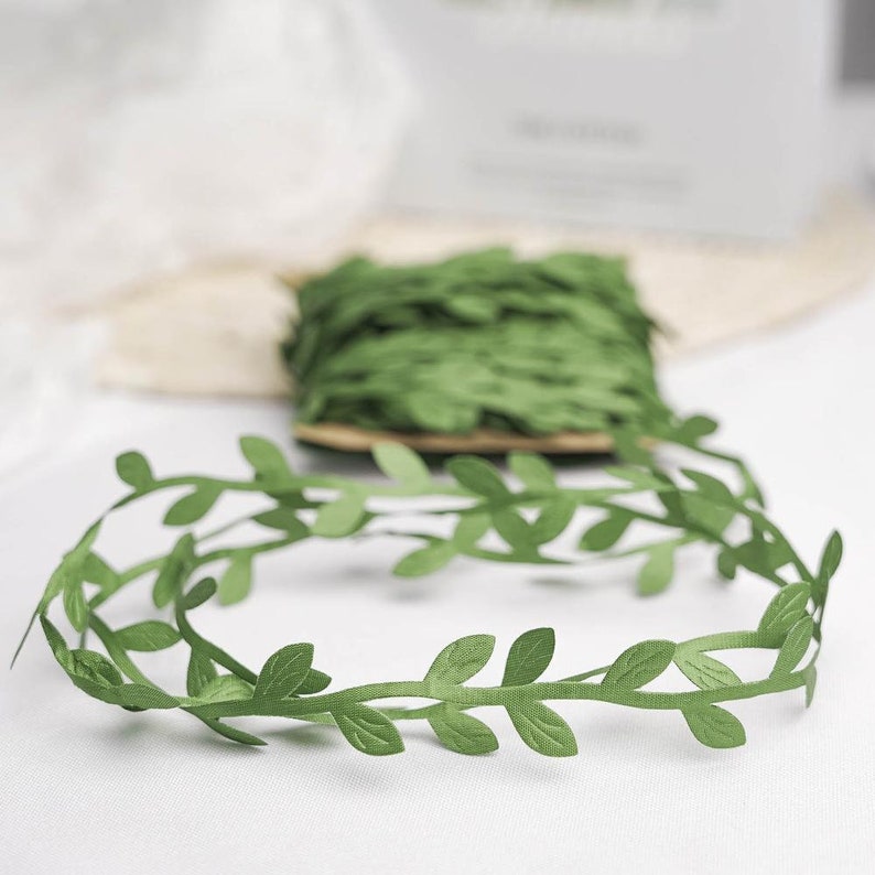 Olive Green Leaves Ribbon 1/4 wide BY THE YARD, Olive Green Leaf Trim, Weddings, Cards, Favors zdjęcie 3