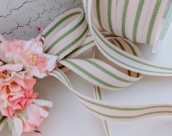 celery (green)  and cream ticking stripe cotton ribbon  By The Yard