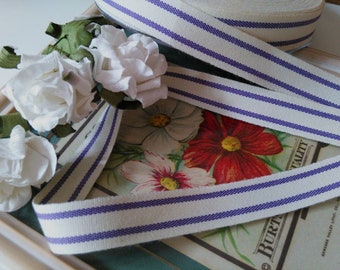lavender and cream ticking stripe cotton ribbon  By The Yard