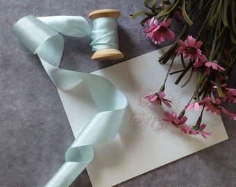 Light Blue Silk Ribbon 1.25” wide by the yard, Wedding, Cards, Favors, Flowers Hand Dyed Silk