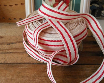 red  and cream ticking stripe cotton ribbon  By The Yard