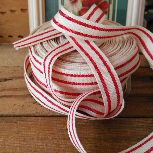 red  and cream ticking stripe cotton ribbon  By The Yard