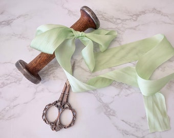 By The Yard Silk Mint Green  Ribbon 1.25 Inch 100% Hand-Dyed Silk Ribbon with Woven Edge