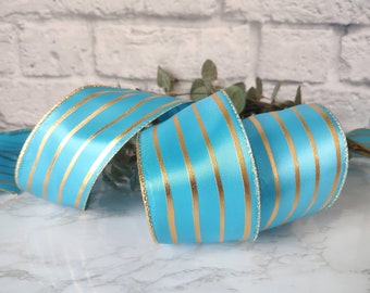 Wide Stripe Satin Ribbon  Blue Wired Gold Stripe 2.5 x 10 Yards