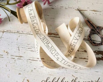 3/4 Inch  Alphabet Print Ribbon  Ivory Twill Printed Ribbon with Woven Edge Back To School  BY THE YARD