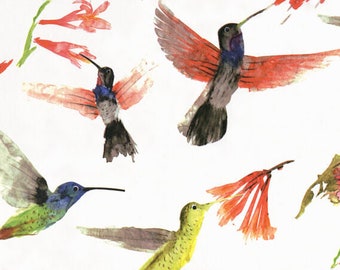May include: Watercolor painting of five hummingbirds in flight with red flowers. The hummingbirds are painted in shades of green, blue, and black. The flowers are painted in shades of red and orange.