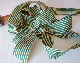 Deep Green/ Off White Stripe Ribbon 1.5” wide by the yard