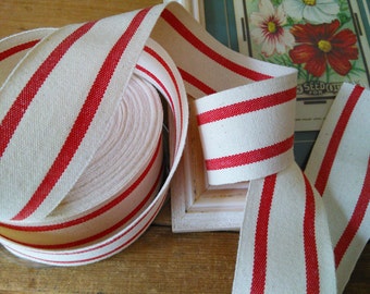 Red / White Stripe Cotton Twill Ribbon, 1.5” wide SOLD By THE YARD, Striped Ribbon
