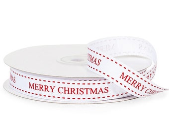 Merry Christmas white ribbon is 5/8" x 10 yards. The Christmas message and saddle stitching is printed in red.