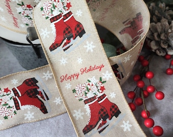 10 yds Ice Skate Ribbon, Happy Holiday Ribbon,  Christmas Ribbon, Red Burlap Holiday Ribbon