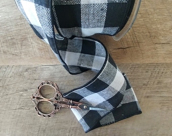 Black and White Buffalo Plaid Ribbon,  wired 2.5 wide , sold by the yard