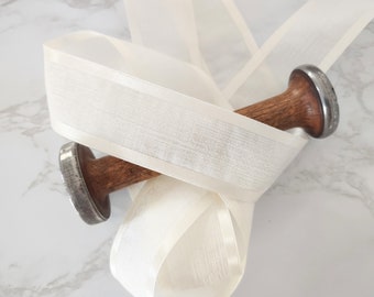 Ivory Faux Linen Ribbon with Satin Edge- 7/8"-1 1/2" Wedding Gifts, Bridesmaid Gifts