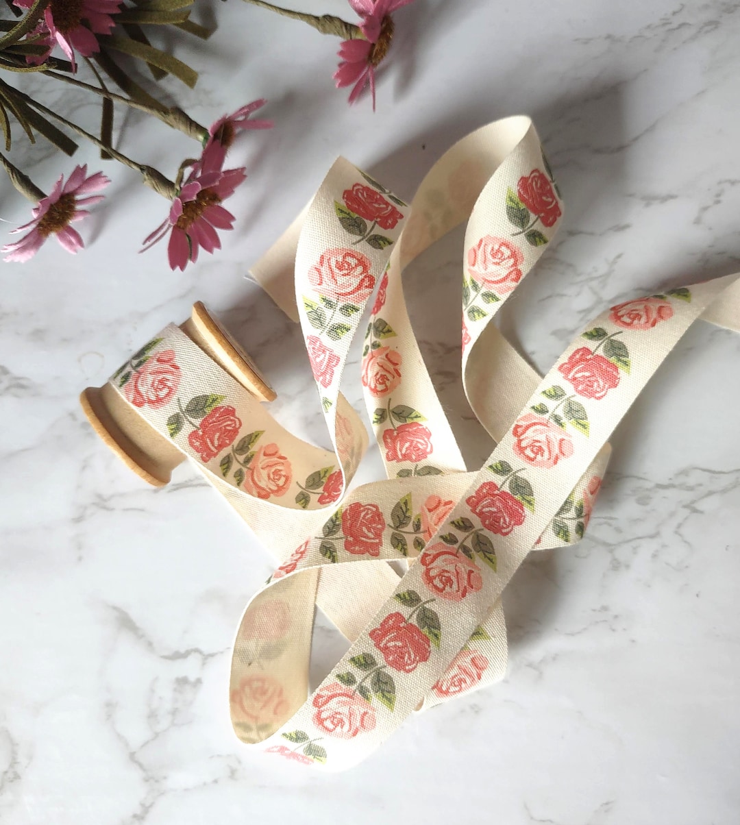 3/4 Inch Roses Ivory Canvas Printed Ribbon With Woven Edge BY THE YARD ...