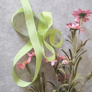 May include: A light green satin ribbon tied in a bow with pink flowers.