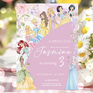 May include: A princess-themed invitation with a pink and floral design. The invitation features illustrations of several princesses and the text "Jasmine is turning 3". The date and time of the party are also included.