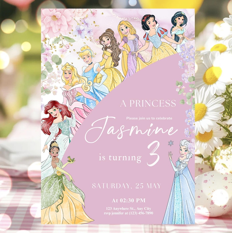 May include: A princess-themed invitation with a pink and floral design. The invitation features illustrations of several princesses and the text "Jasmine is turning 3". The date and time of the party are also included.