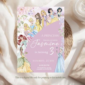 May include: A digital invitation featuring illustrations of Disney princesses. The invitation has a lavender background with floral accents and the text "A Princess Jasmine is turning 3". The date and time of the party are also included.