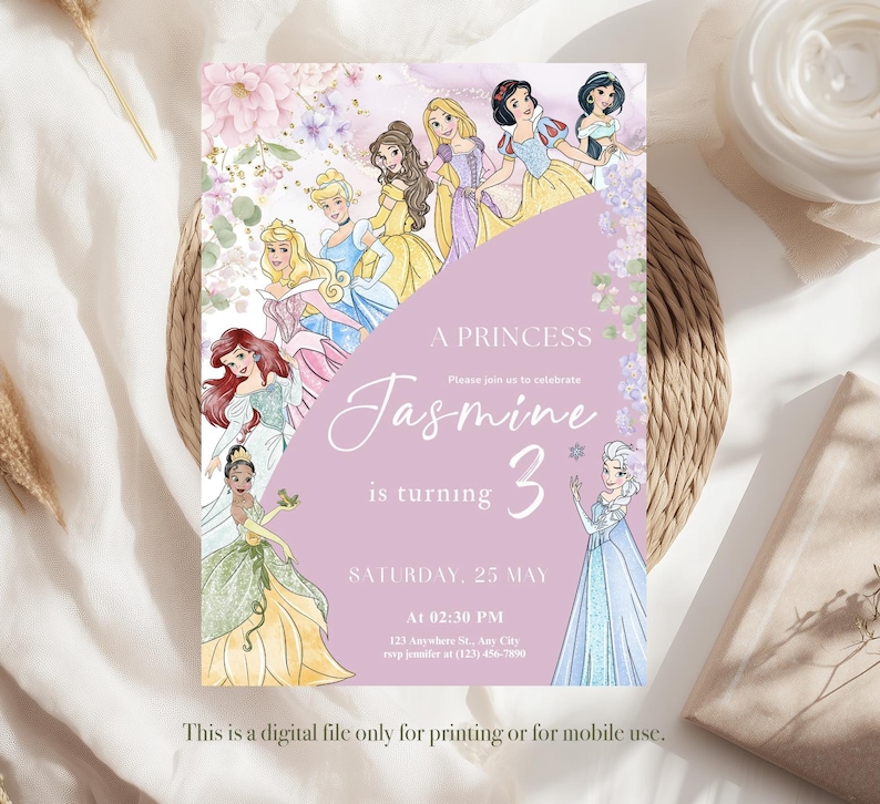 May include: A digital invitation featuring illustrations of Disney princesses. The invitation has a lavender background with floral accents and the text "A Princess Jasmine is turning 3". The date and time of the party are also included.