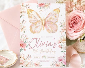May include: A pink and gold butterfly birthday invitation with the text "Olivia's 5th Birthday". The invitation is surrounded by floral illustrations and includes the date and time of the party.