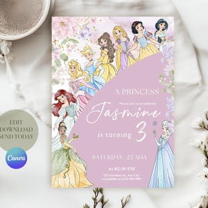 May include: A lavender and floral-themed birthday invitation featuring illustrations of several princesses. The invitation reads "A Princess Jasmine is turning 3" with event details. The Canva logo is visible.