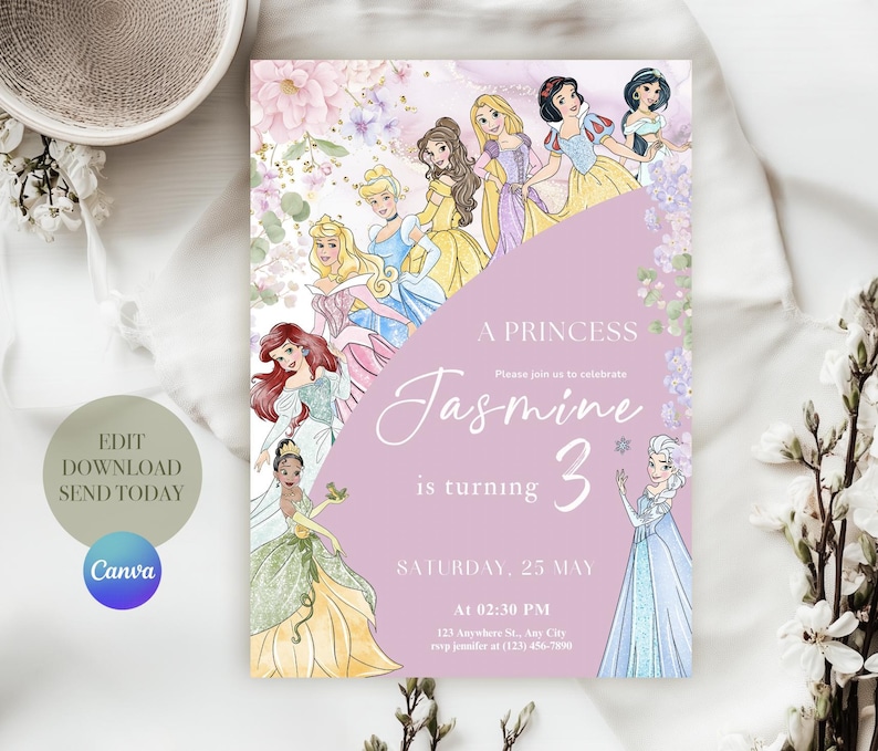 May include: A lavender and floral-themed birthday invitation featuring illustrations of several princesses. The invitation reads "A Princess Jasmine is turning 3" with event details. The Canva logo is visible.