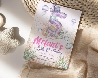 Mermaid Birthday Invitation: 5th Under the Sea Party, Canva Editable Template (Digital Download)