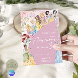 May include: A pink princess-themed invitation with illustrations of various princesses. The invitation reads "A Princess Jasmine is turning 3" and includes event details. The Canva logo is visible in the bottom left corner.