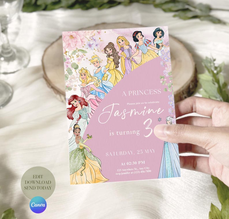 May include: A pink princess-themed invitation with illustrations of various princesses. The invitation reads "A Princess Jasmine is turning 3" and includes event details. The Canva logo is visible in the bottom left corner.