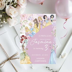 May include: A princess-themed invitation with illustrations of various princesses. The invitation is lavender with the text "A Princess" and "Jasmine is turning 3". The date and time are also included.