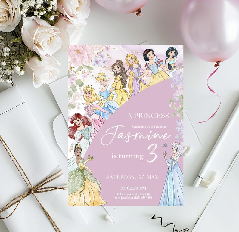 May include: A princess-themed invitation with illustrations of various princesses. The invitation is lavender with the text "A Princess" and "Jasmine is turning 3". The date and time are also included.