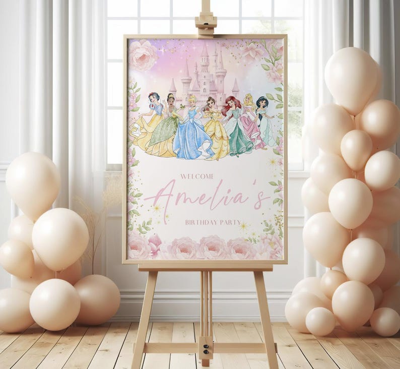 Princess Birthday Welcome Sign, Pink Castle Party Decor (canva Template ...