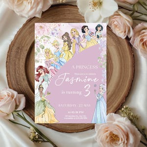 May include: A princess-themed invitation with illustrations of various princesses. The invitation is lavender with the text "A Princess" and "Jasmine is turning 3". The date and time are also included.