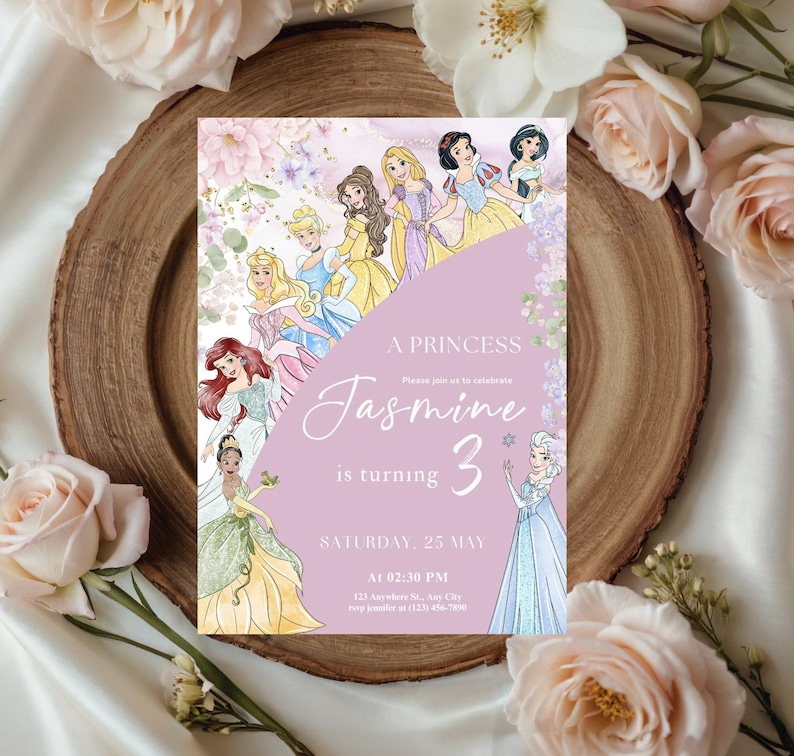 May include: A princess-themed invitation with illustrations of various princesses. The invitation is lavender with the text "A Princess" and "Jasmine is turning 3". The date and time are also included.