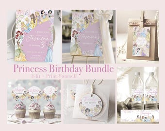 Princess Birthday Bundle Floral Girl Party Decor Set (Canva Template)